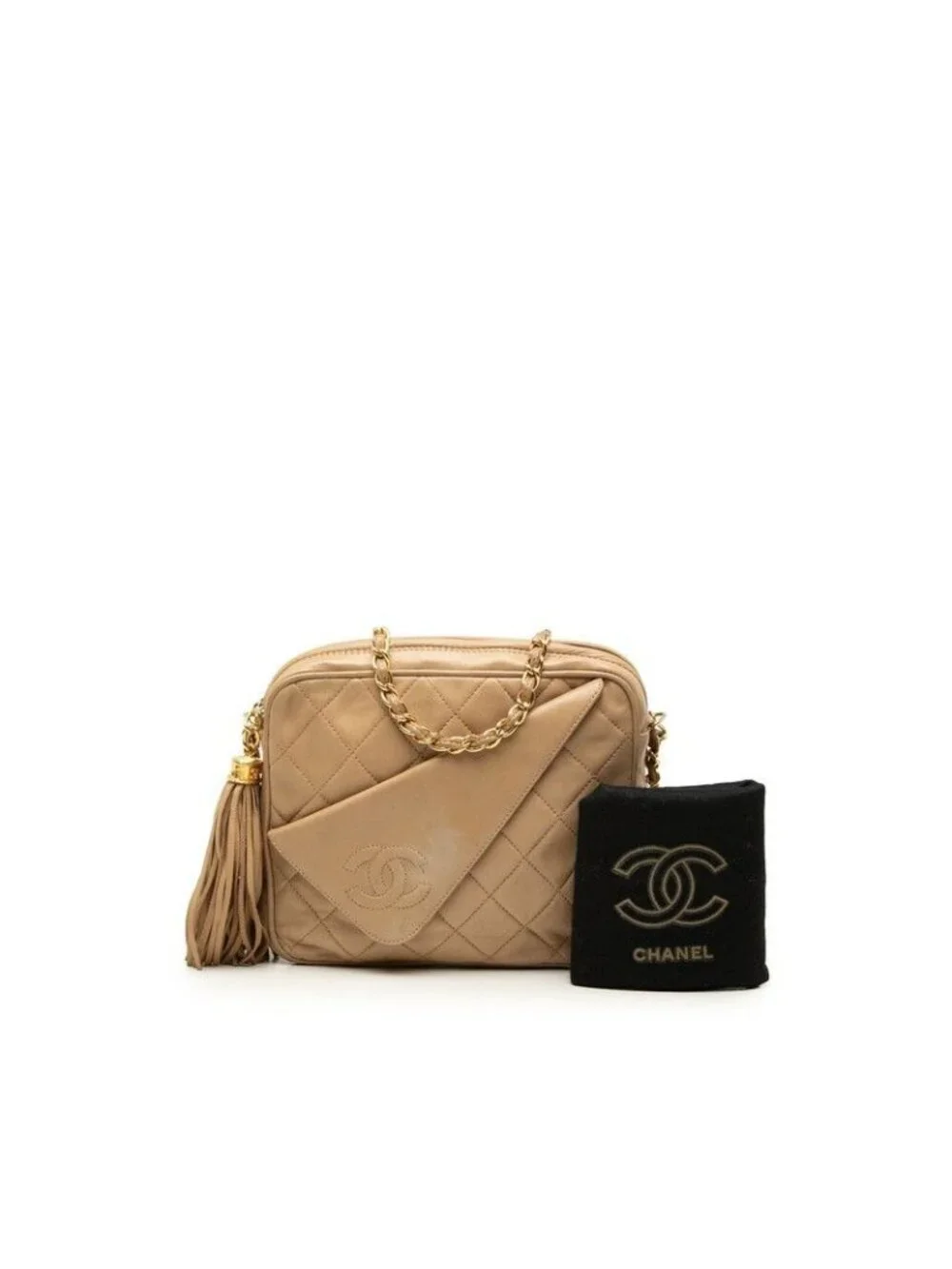 Chanel Quilted CC Logo Fringe Chain Shoulder Bag Crossbody Beige Lambskin